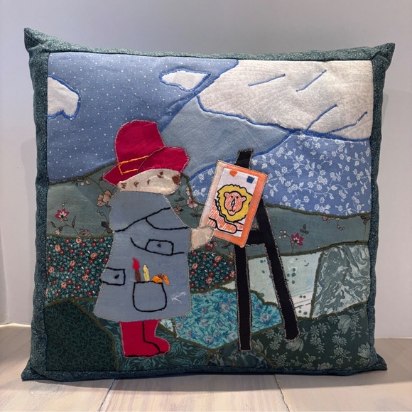 Handmade Other - Handmade Paddington Bear Patchwork Applique Decorative Pillow Artist Scene 14x14